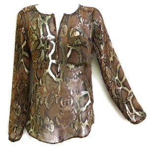 Zara Trafaluc MMXII Blouse Snakeskin Sheer Split Neck Long Sleeve Chest Pockets